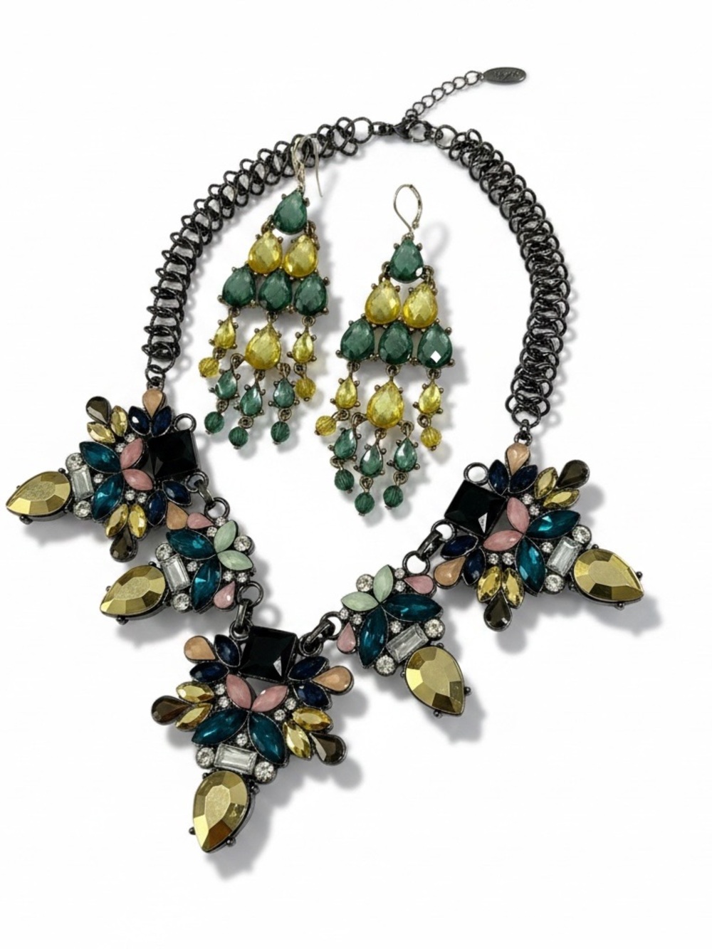 Multicolor Rhinestone Statement Necklace and Chandelier Earrings Set